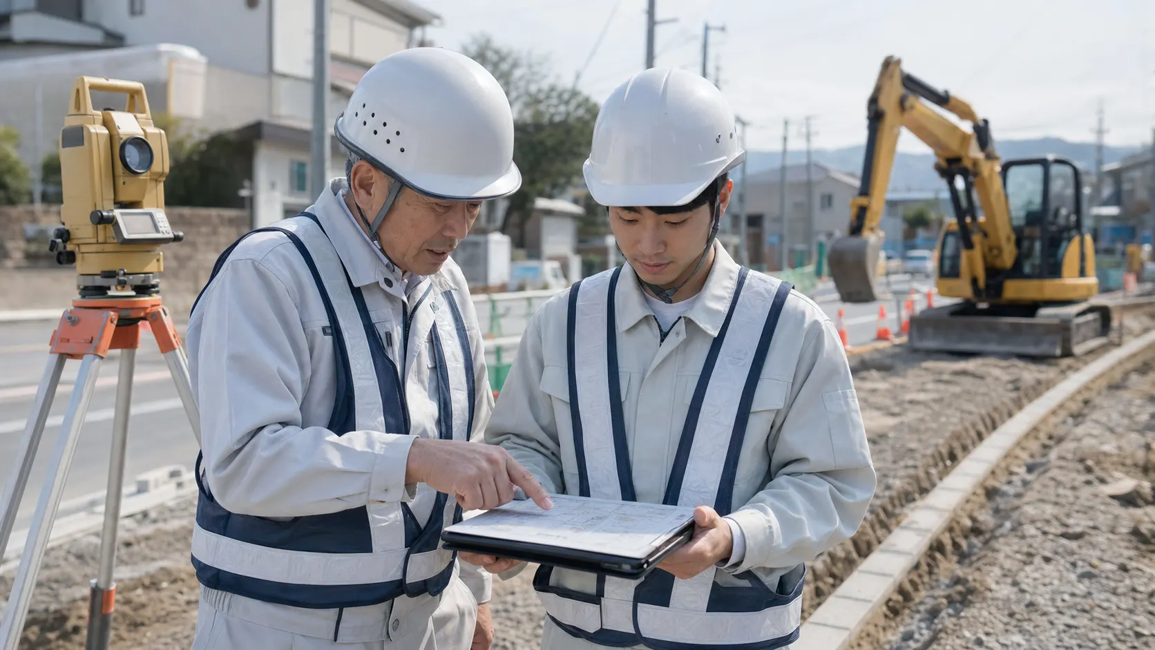 現場で先輩社員が若手社員を指導している様子